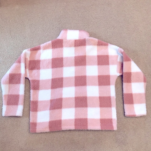 Teddy Bear Faux Fur Plush Sweater Women Large Peach White Checker Board Pullover - Picture 3 of 10